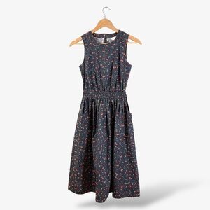 1901 Blue Cherry Print Fit & Flare Dress Size XXSP Patch Pockets Midi Casual